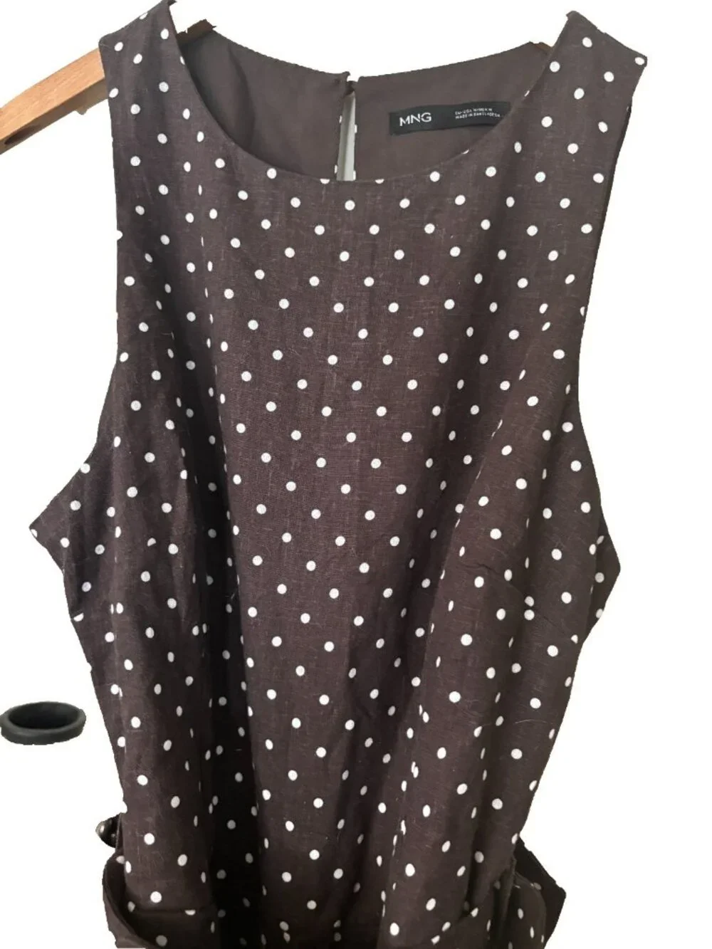 Mango Women's Round Neck Polka-Dot Belt Jumpsuit Brown/White NWOT Pockets MED